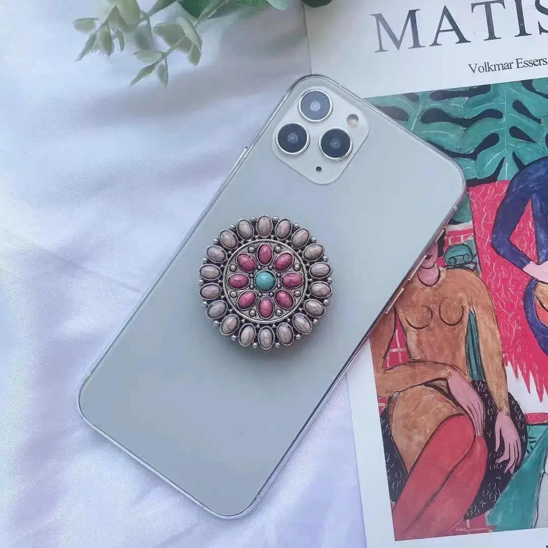 Turquoise Retro Mobile Phone Holder with Stone Design