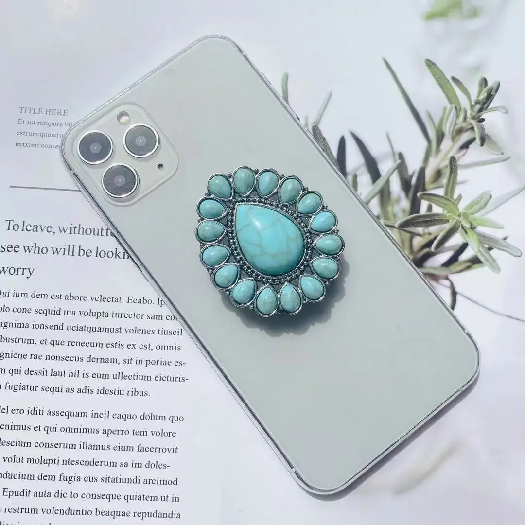 Turquoise Retro Mobile Phone Holder with Stone Design