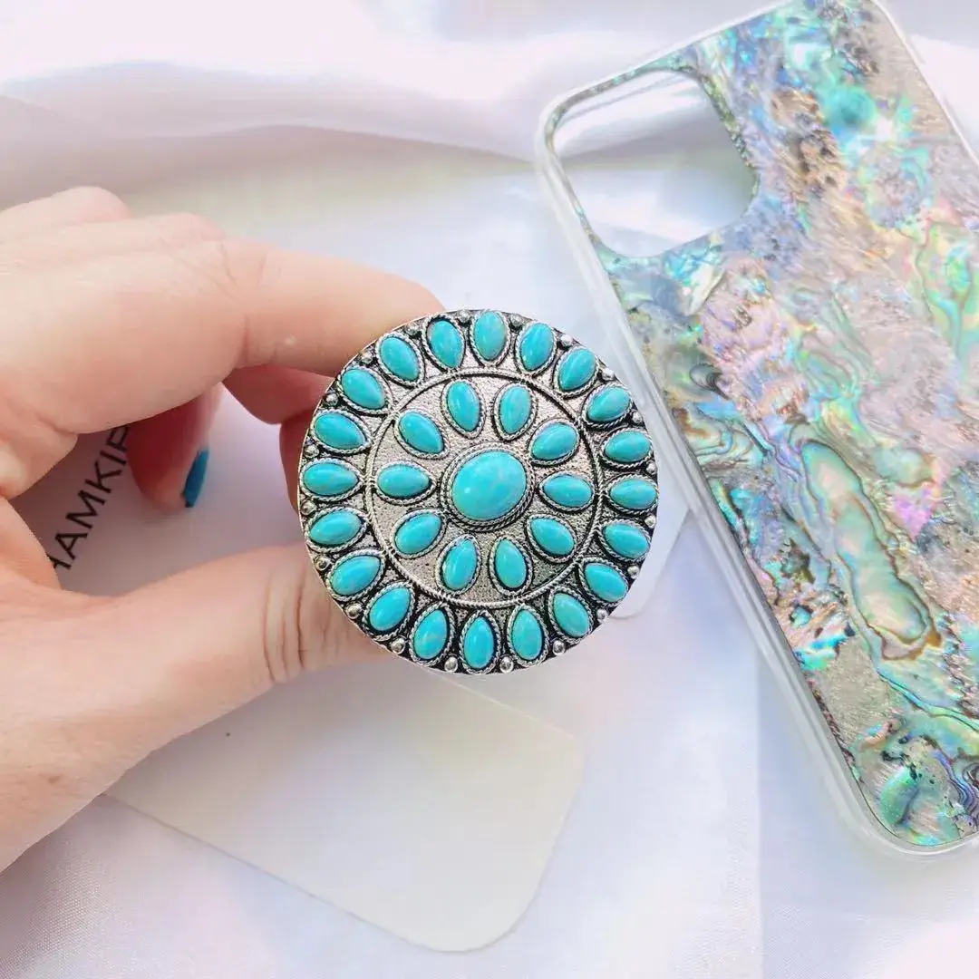 Turquoise Retro Mobile Phone Holder with Stone Design