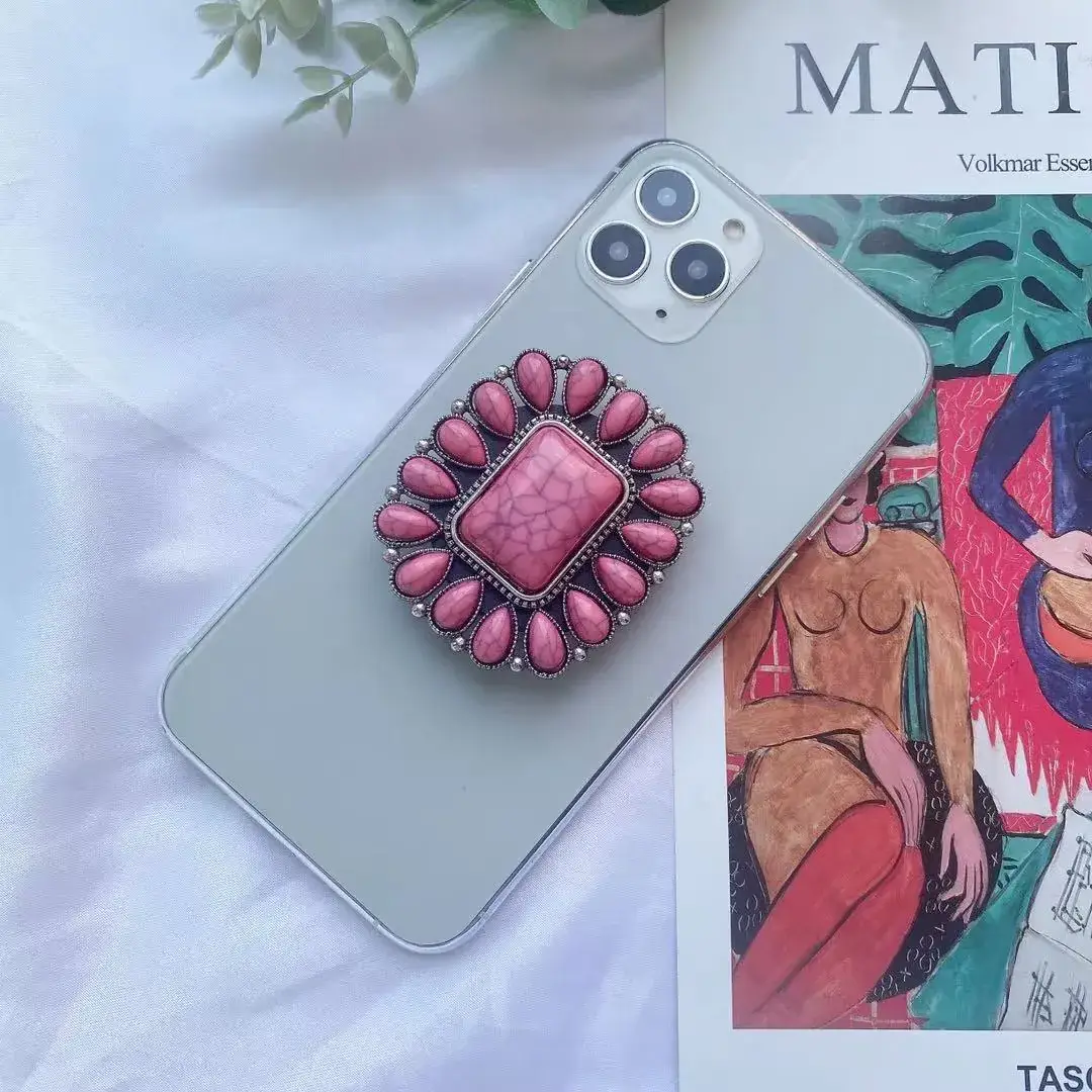Turquoise Retro Mobile Phone Holder with Stone Design