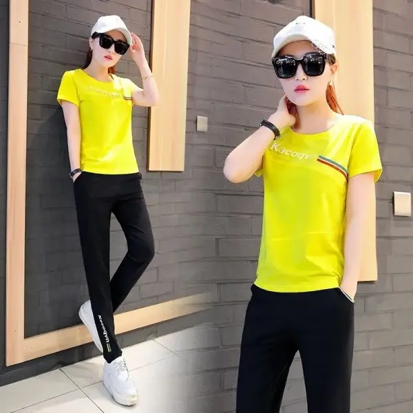 Women Summer Sports Suit Yellow Slimming Trousers Large - Image 7