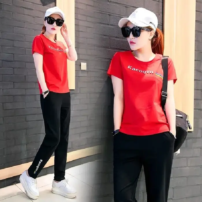 Women Summer Sports Suit Yellow Slimming Trousers Large - Image 2