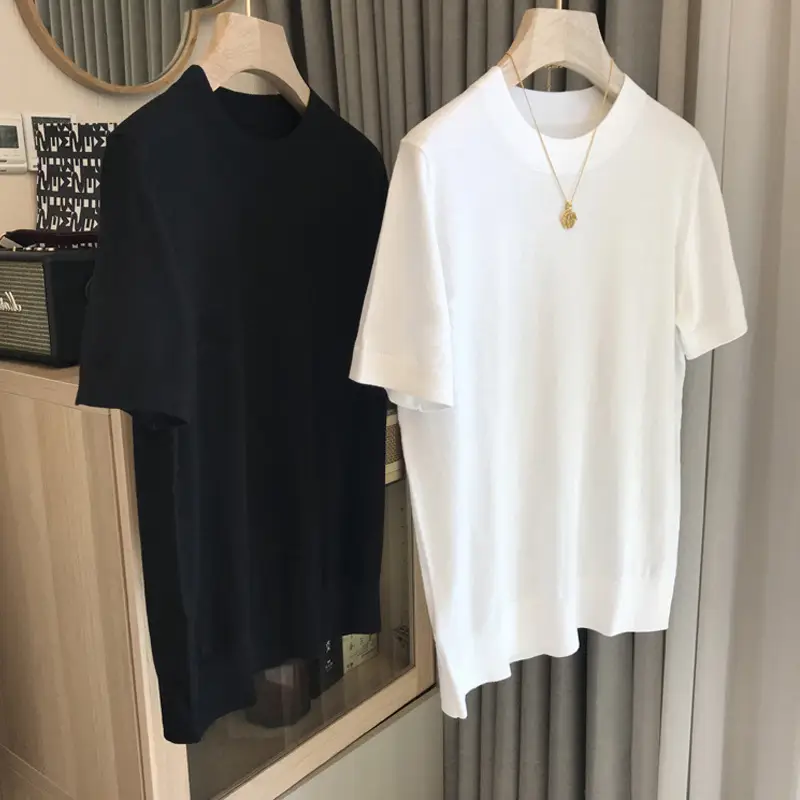 White Knitted Women's T-Shirt Short Sleeve Summer