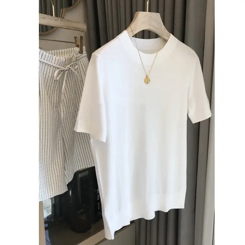 White Knitted Women's T-Shirt Short Sleeve Summer