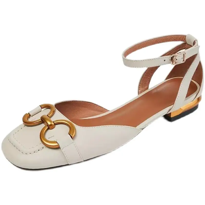 2023 New Square Toe Soft Leather Korean Style Easiest for Match Strap Thick Heel Women's Shoes Summer Baotou Flat Sandals for Women