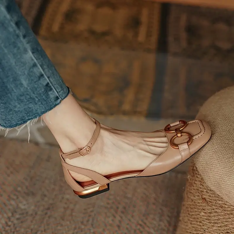 2023 New Square Toe Soft Leather Korean Style Easiest for Match Strap Thick Heel Women's Shoes Summer Baotou Flat Sandals for Women — feature 1