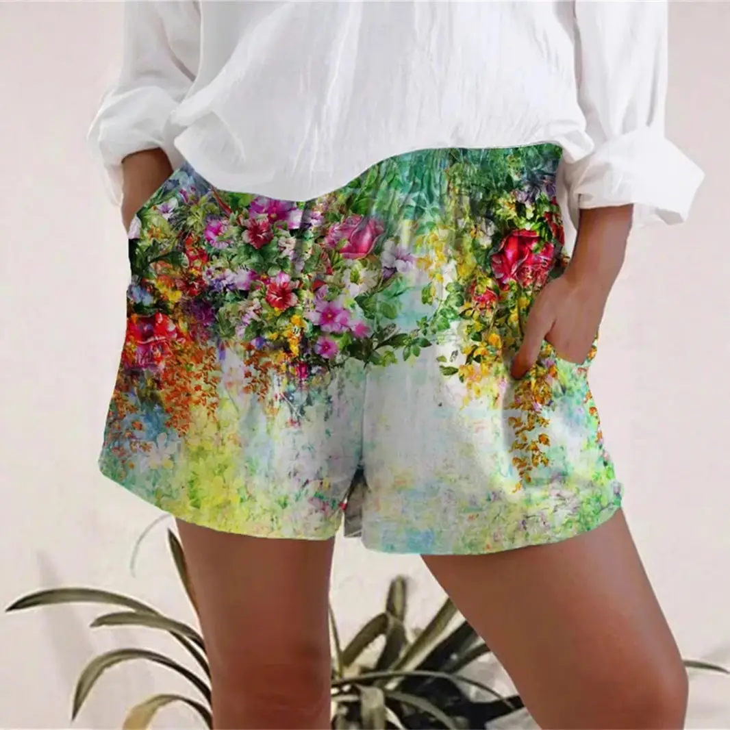 Women Floral Printed Shorts Summer Casual Cotton Blue - Image 6