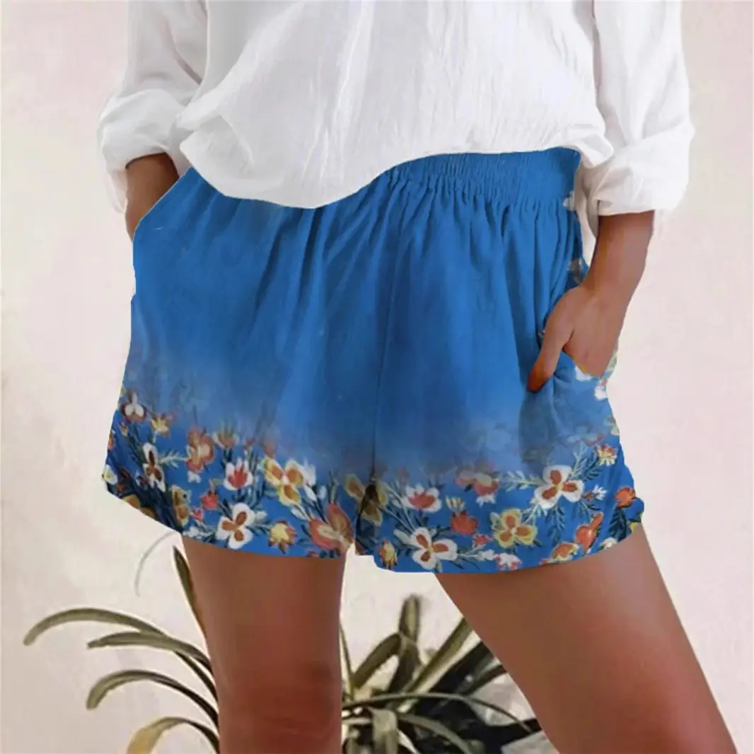 Women Floral Printed Shorts Summer Casual Cotton Blue - Image 7