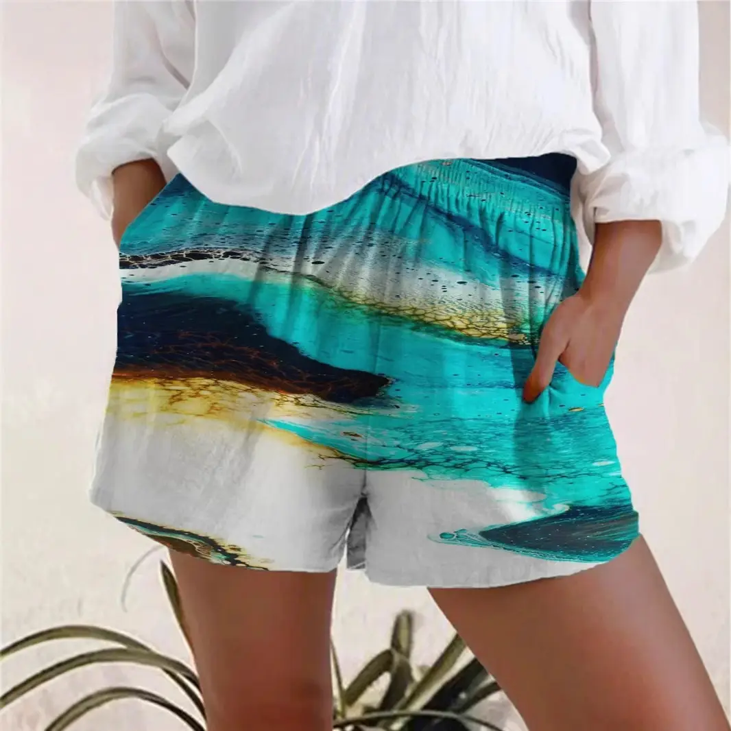 Women Floral Printed Shorts Summer Casual Cotton Blue - Image 8