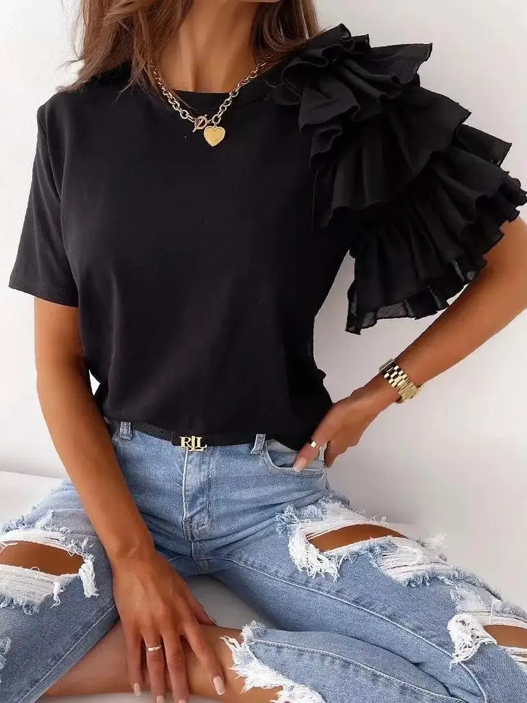 Black Ruffled Round Neck T-Shirt for Women - Image 6