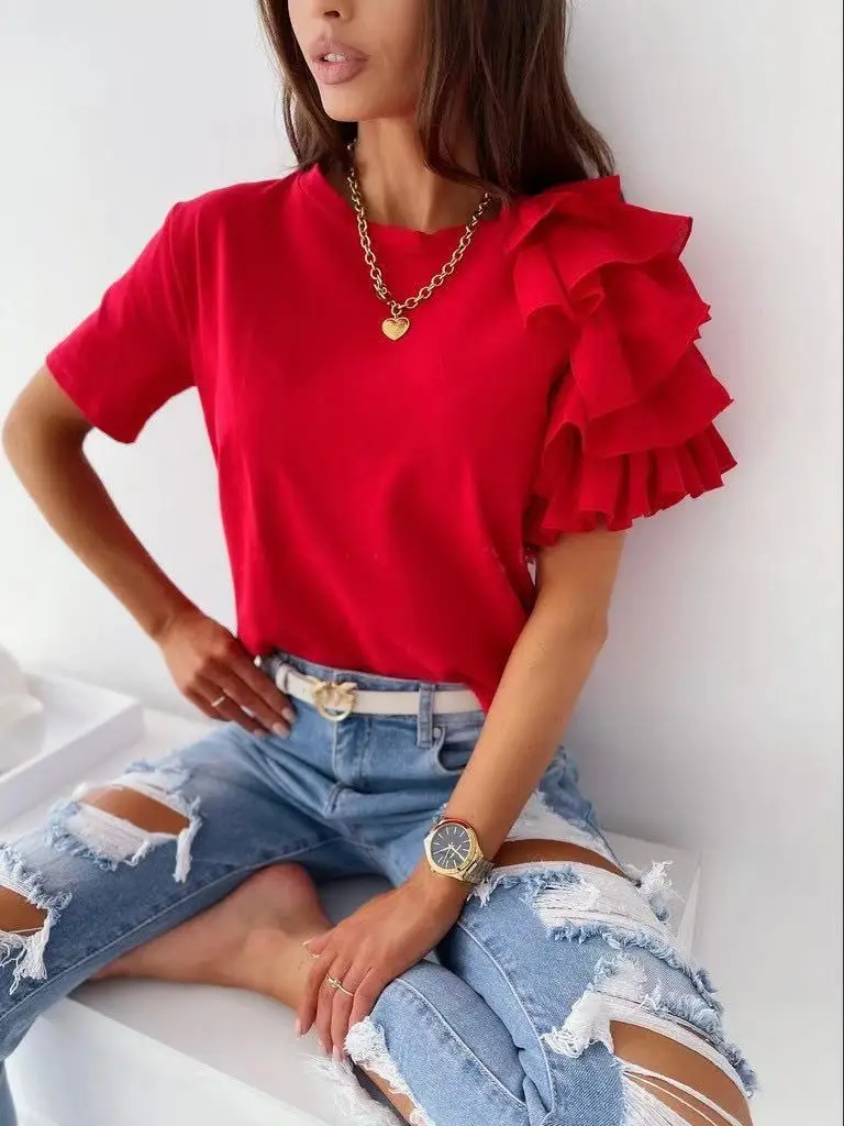 Black Ruffled Round Neck T-Shirt for Women - Image 9