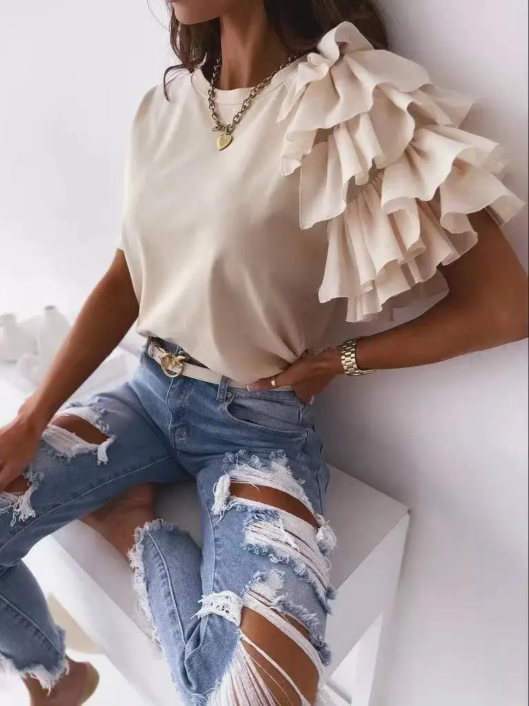 Black Ruffled Round Neck T-Shirt for Women - Image 4