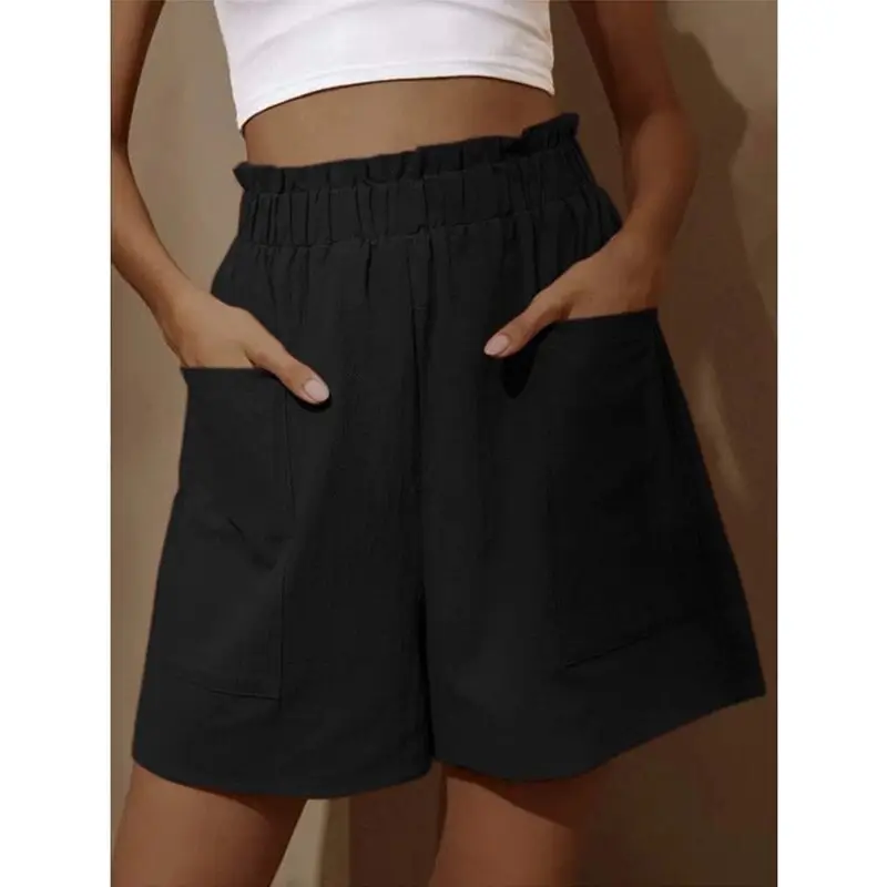 Women Cotton-Linen High-Waist Shorts Black