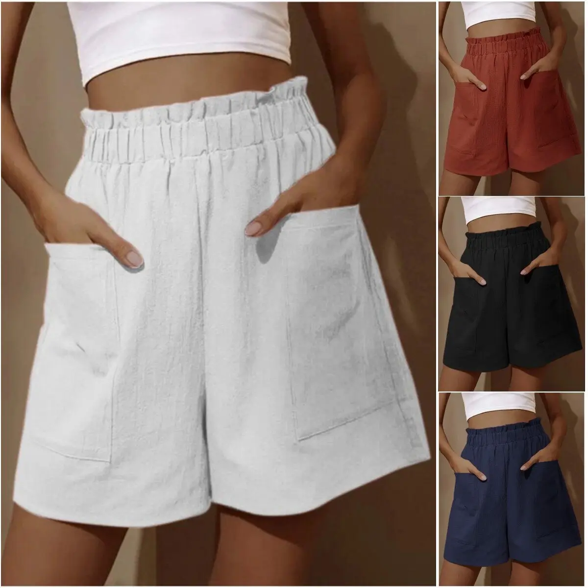 Women Cotton-Linen High-Waist Shorts Black — feature 4