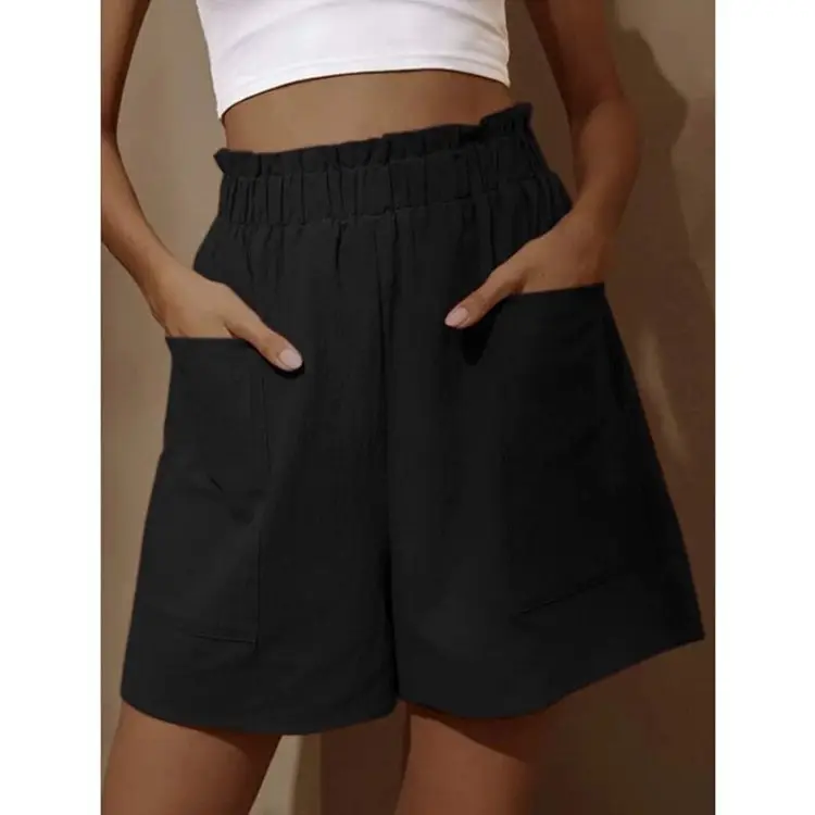Women Cotton-Linen High-Waist Shorts Black