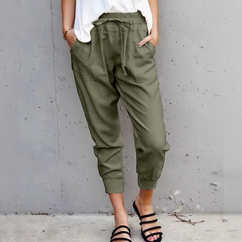 Women's Olive Green Cropped Pants with Elastic Waist - Image 8