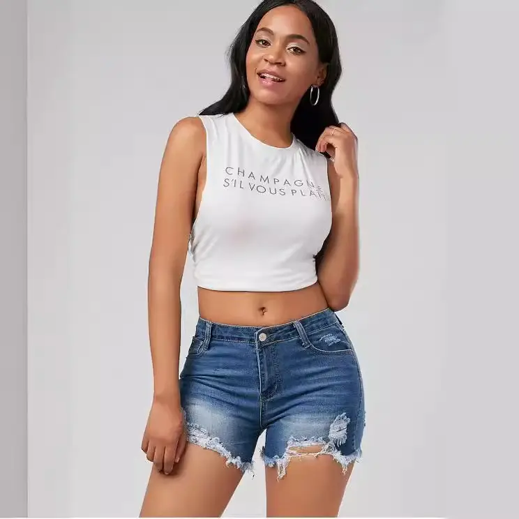 Ripped Fringe Denim Shorts for Women Blue - Image 3