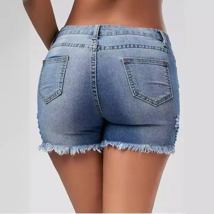 Ripped Fringe Denim Shorts for Women Blue - Image 4