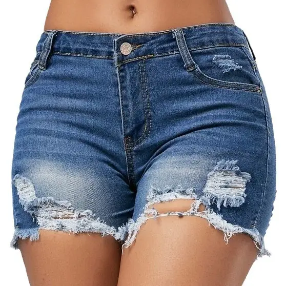 Ripped Fringe Denim Shorts for Women Blue - Image 6