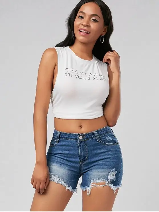 Ripped Fringe Denim Shorts for Women Blue — feature 4