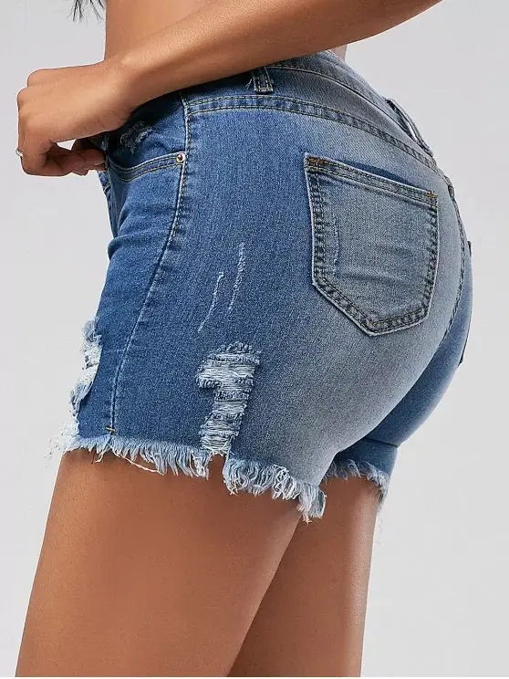 Ripped Fringe Denim Shorts for Women Blue — feature 5