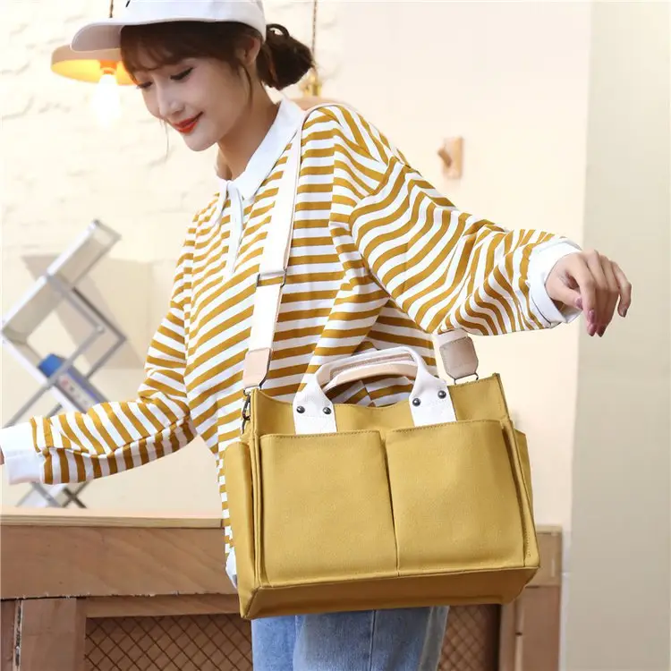 Korean Style Canvas Shoulder Bag Large Multi Pocket - Image 5