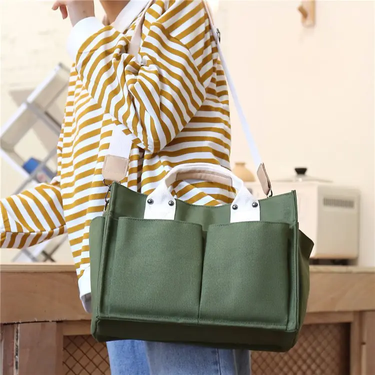 Korean Style Canvas Shoulder Bag Large Multi Pocket - Image 6