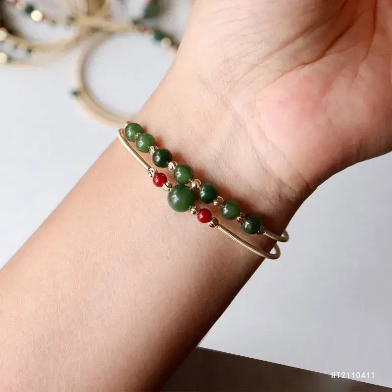 Guan Yu Jade Bracelet Spinach Green Red Beads - Image 2