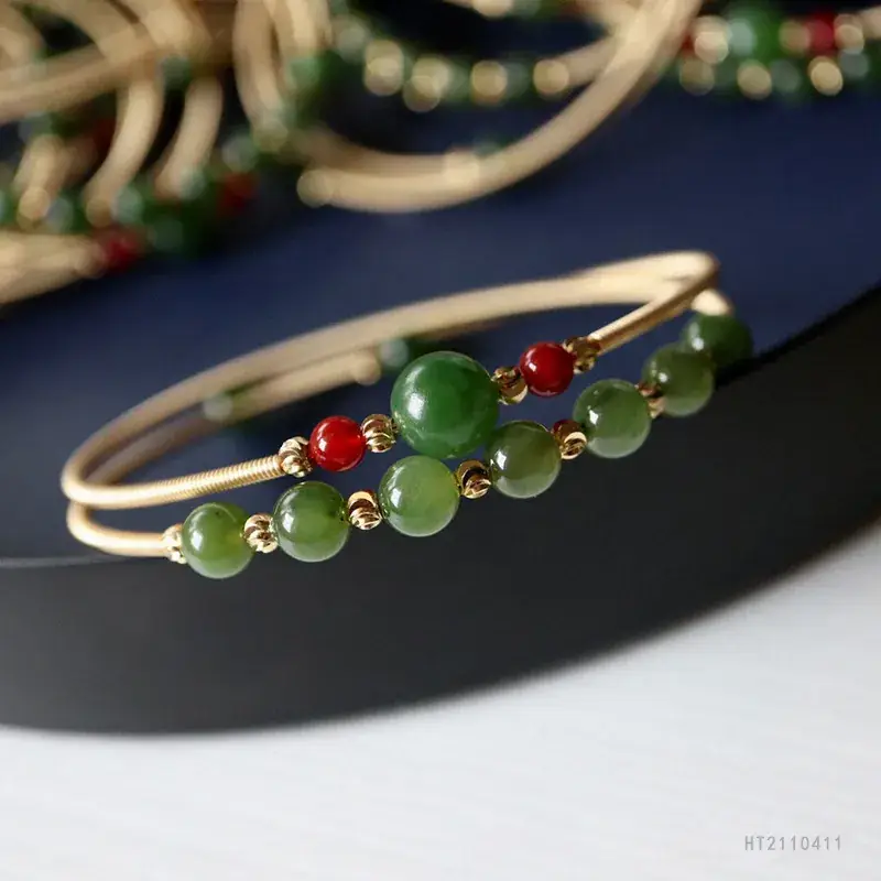 Guan Yu Jade Bracelet Spinach Green Red Beads - Image 3