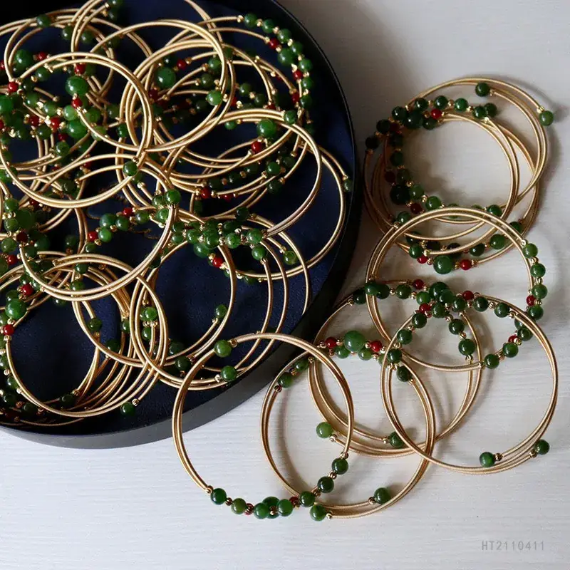 Guan Yu Jade Bracelet Spinach Green Red Beads - Image 4