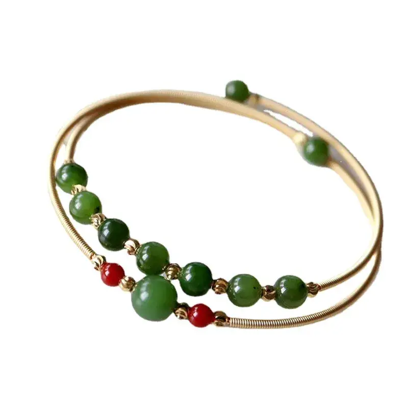 Guan Yu Jade Bracelet Spinach Green Red Beads - Image 5