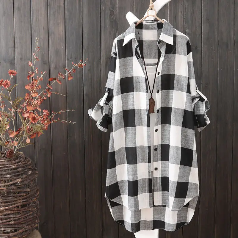Women Plaid Long Coat Large Loose Casual Jacket - Image 52