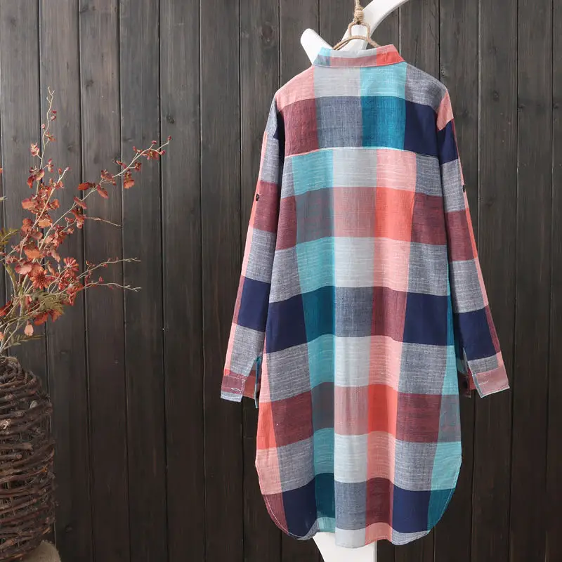 Women Plaid Long Coat Large Loose Casual Jacket — feature 3