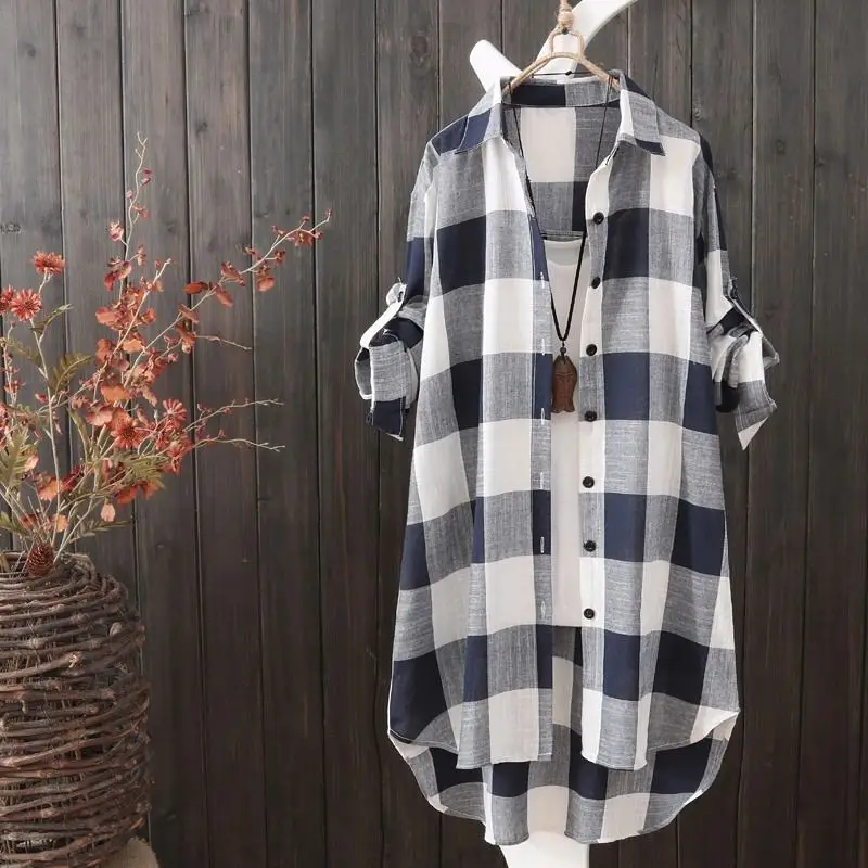 Women Plaid Long Coat Large Loose Casual Jacket — feature 5