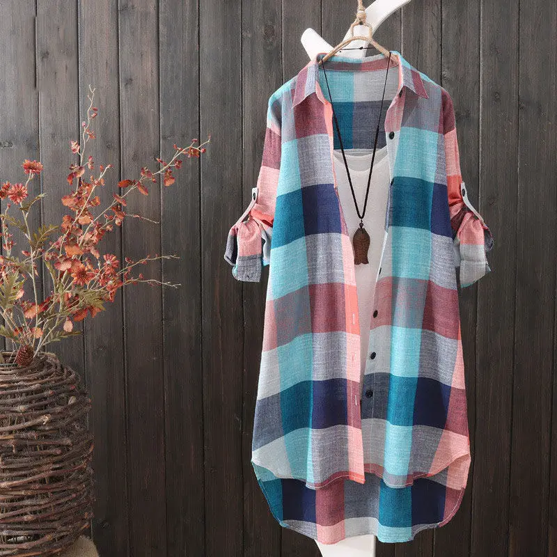 Women Plaid Long Coat Large Loose Casual Jacket - Image 3