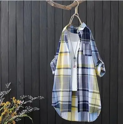 Women Plaid Long Coat Large Loose Casual Jacket - Image 34