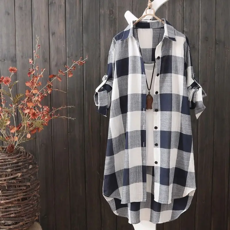 Women Plaid Long Coat Large Loose Casual Jacket - Image 2