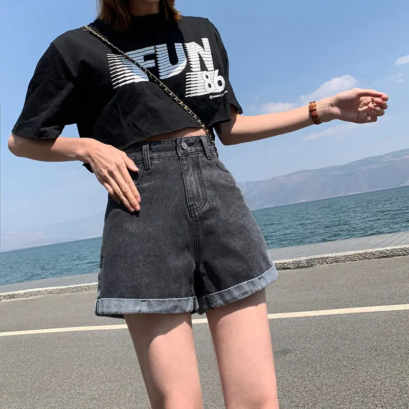Women Denim Shorts High Waist Loose Fit Blue - Image 5