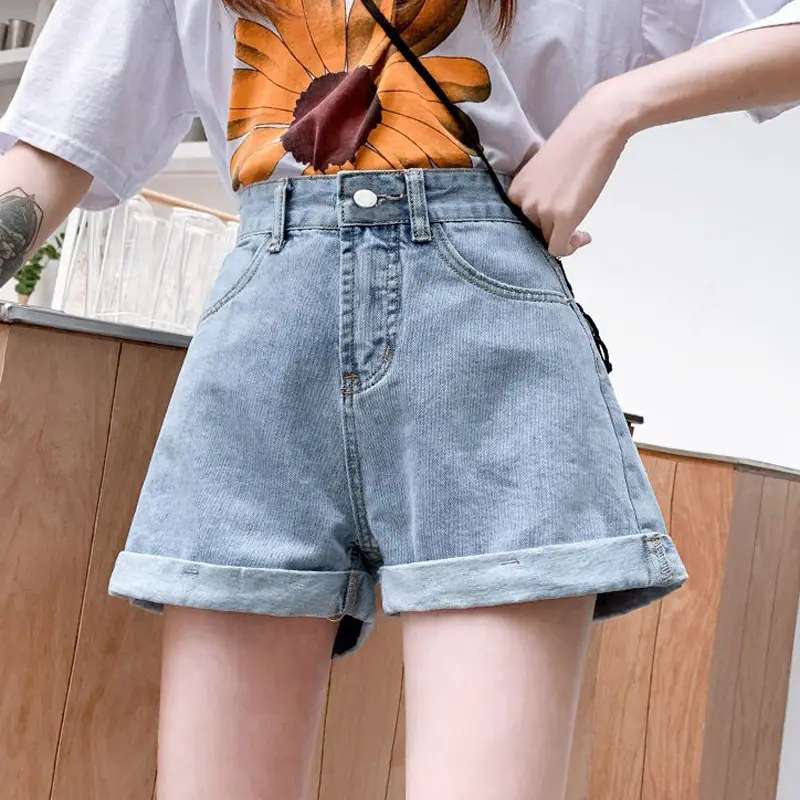 Women Denim Shorts High Waist Loose Fit Blue - Image 3