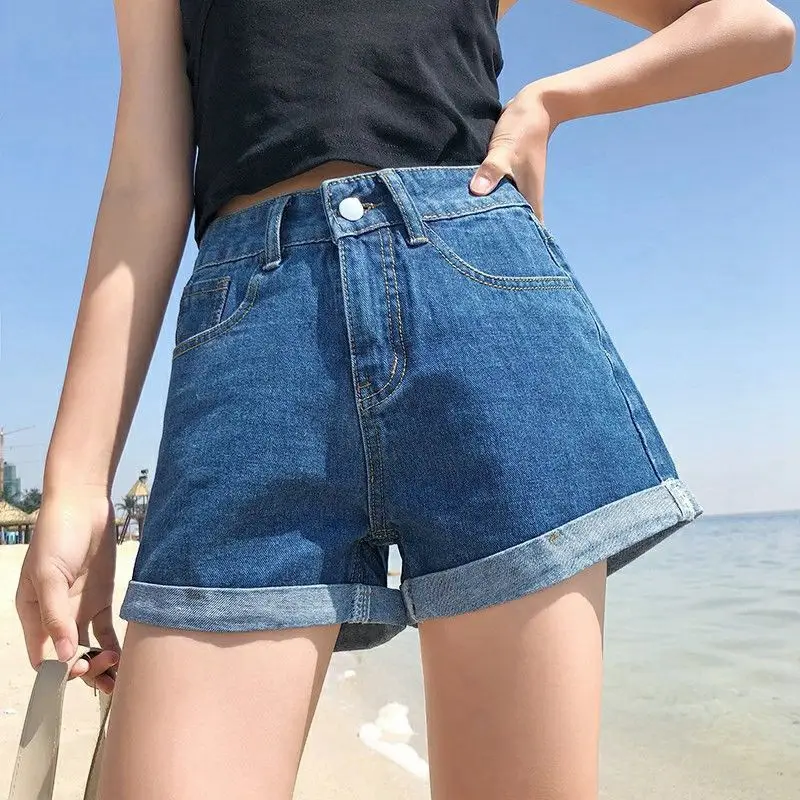 Women Denim Shorts High Waist Loose Fit Blue - Image 4