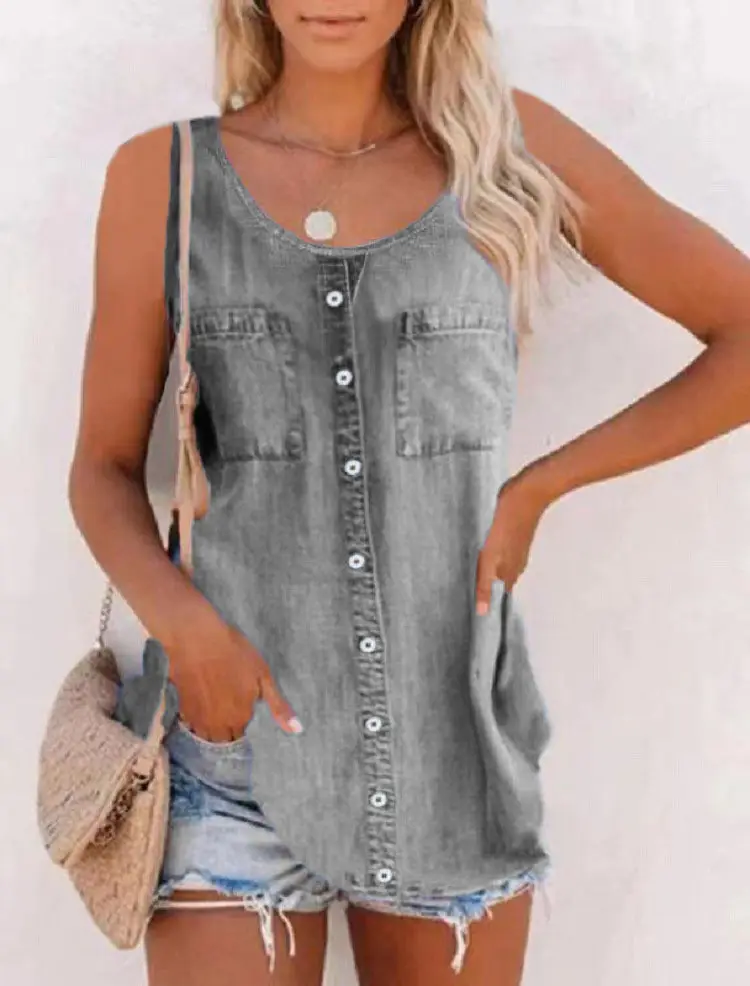 Women's Denim Embroidered Top with Buttons - Image 30