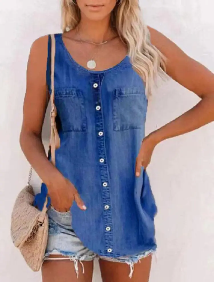 Women's Denim Embroidered Top with Buttons - Image 31