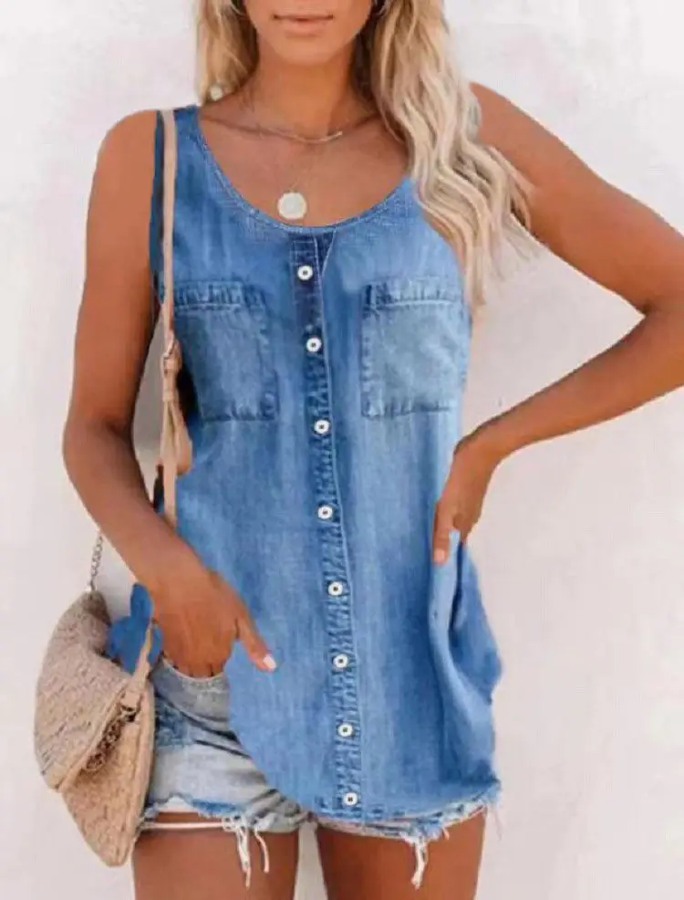 Women's Denim Embroidered Top with Buttons - Image 32