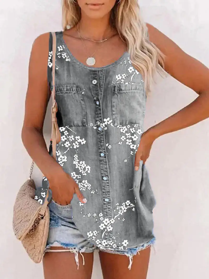 Women's Denim Embroidered Top with Buttons - Image 33