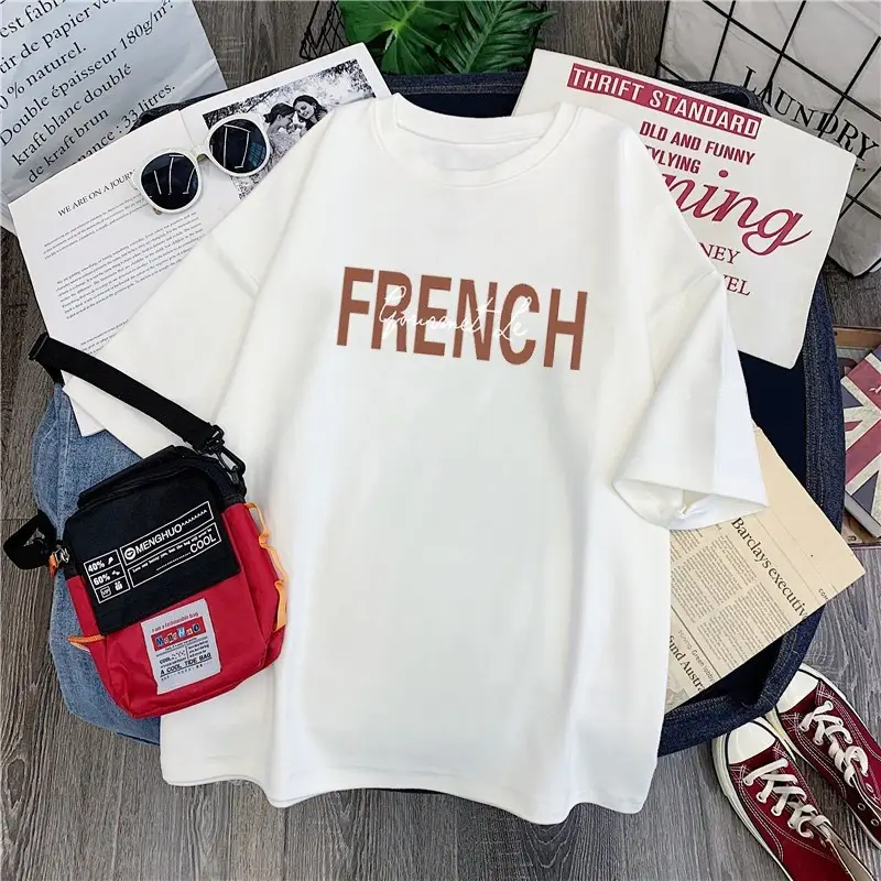 Women French Print Cotton T-Shirt White Loose Fit