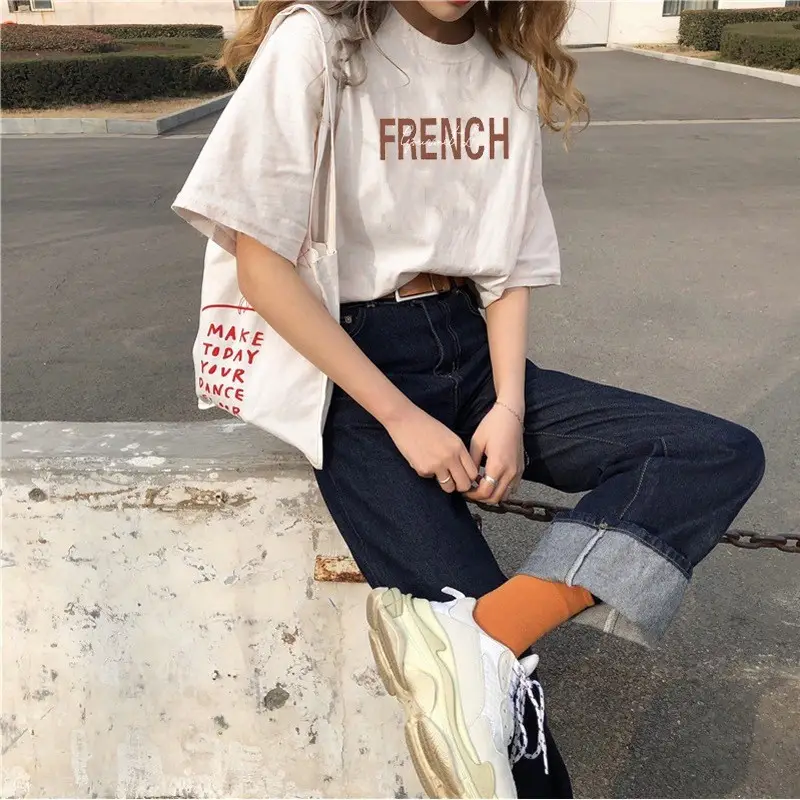 Women French Print Cotton T-Shirt White Loose Fit
