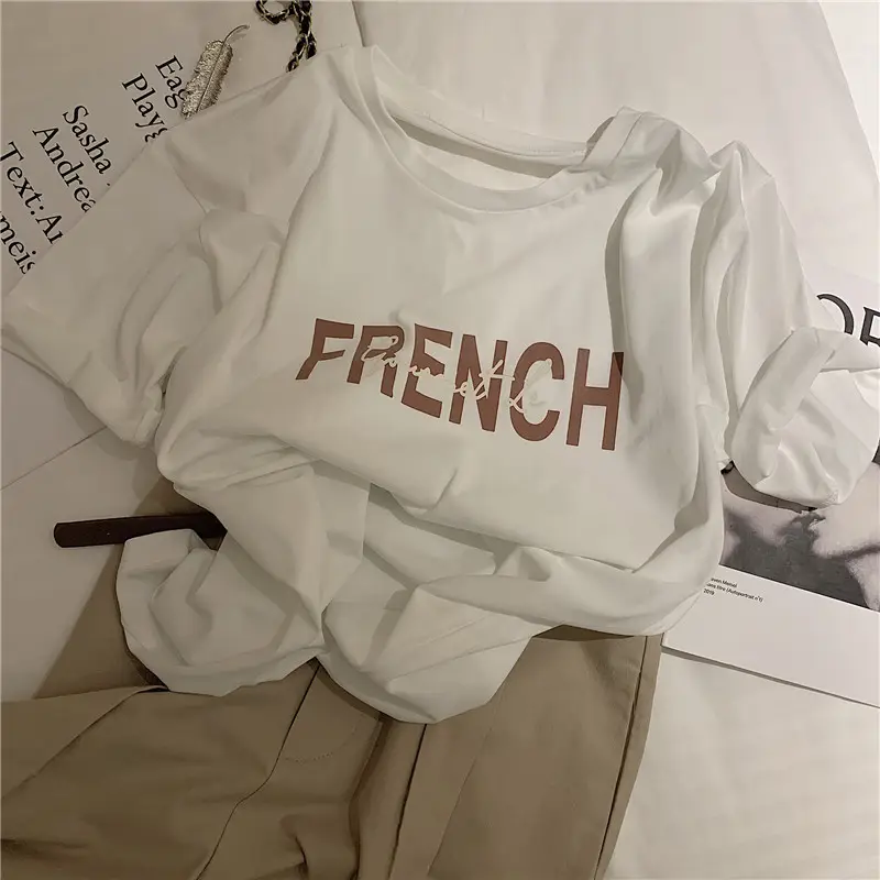 Women French Print Cotton T-Shirt White Loose Fit