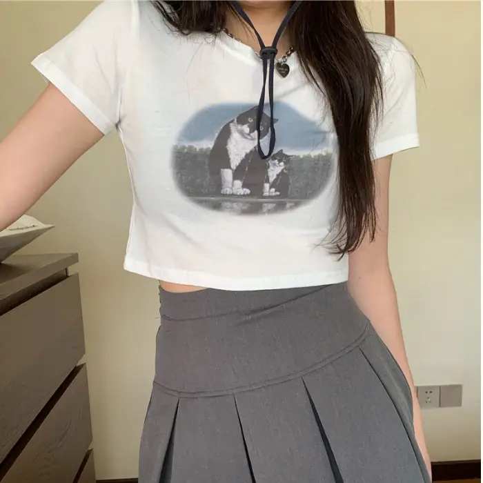 Light Blue Cat Print Crop Top for Girls Summer 2025 - Image 2