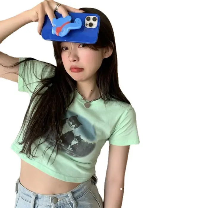 Light Blue Cat Print Crop Top for Girls Summer 2025 - Image 6