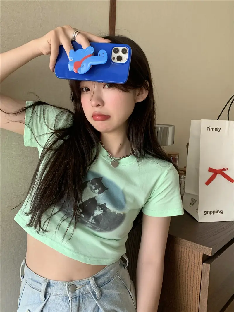 Light Blue Cat Print Crop Top for Girls Summer 2025 — feature 10